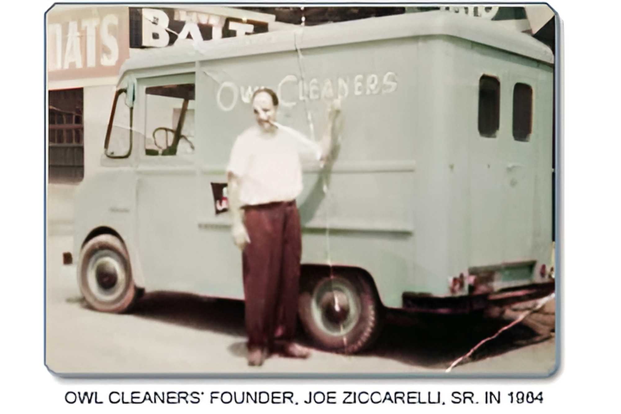 joe ziccarelli old photo in front of owl cleaners van